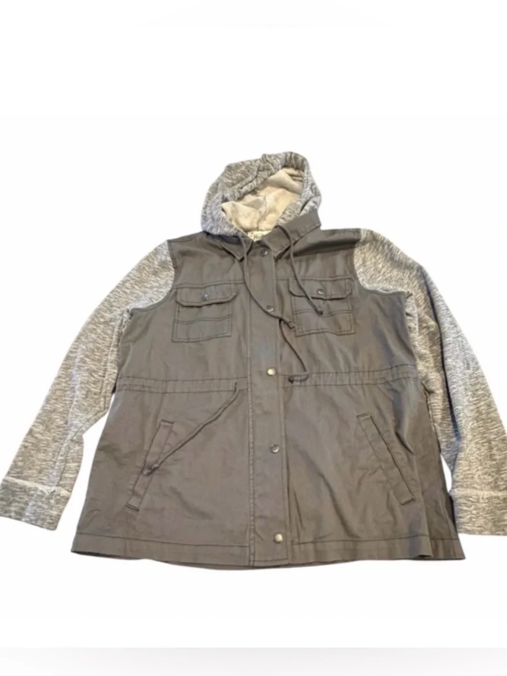 Mudd Utility Jacket Women’s XL Hooded Mixed Media Gray Snap Zip Front‎